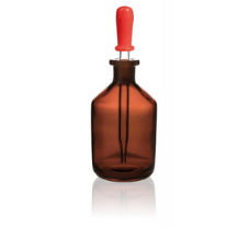 Dropping bottle, soda-lime glass, amber, 100 ml, with dropping pipette and rubber cap