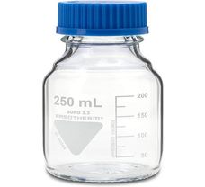 Laboratory Reagent Clear Bottle with pouring ring, 250 ml, Blue PP Cap