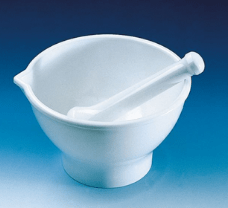 Mortar with pestle, MF, white, with foot/spout, 125x80 mm, autoclavable at 121 C