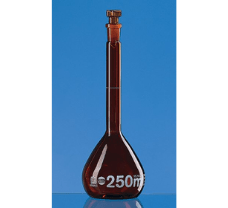 Volumetric flask, BLAUBRAND, A, DE-M, 200 ml, Boro 3.3, NS 14/23, glass stopper, amber