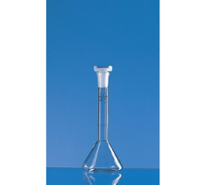Volumetric flask trapezoidal, BLAUBRAND, class A, DE-M marking, 1 ml,  Boro 3.3, NS, 7/16, PP-stopper, grad. in blue
